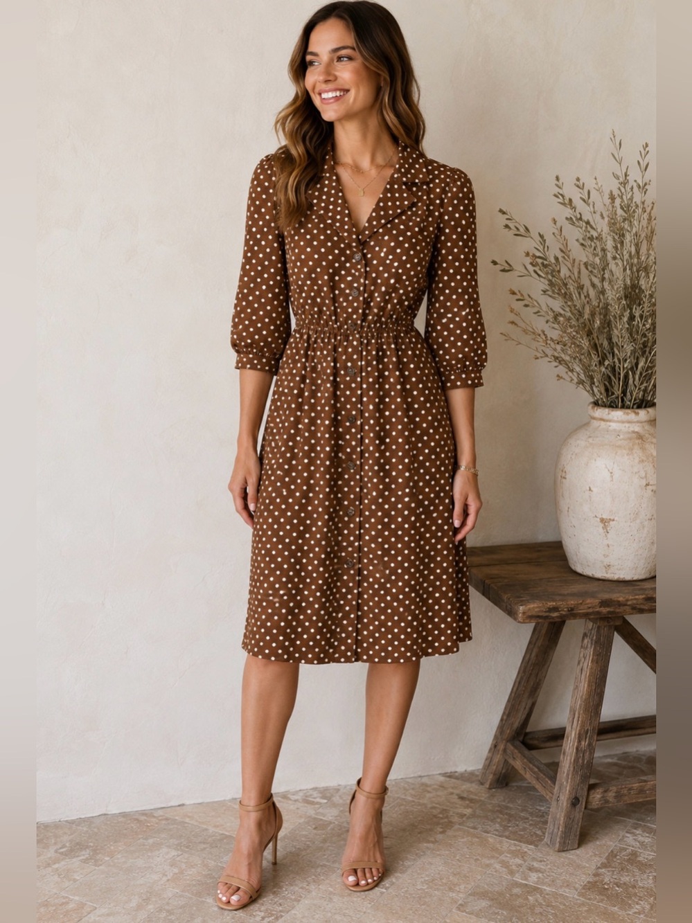 Monteau Los Angeles Brown Polka Dot Button-Front Midi Dress Size XS